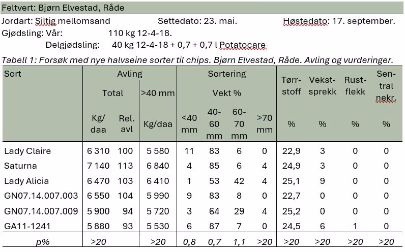 Tabell 1. Chipspotet Rygge.