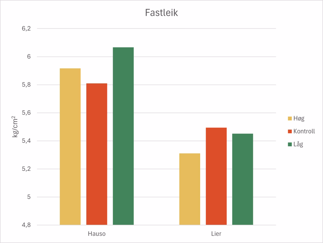 Figur 2: Fastleiken ved hausting i Hardanger (Hauso) og i Lier. I Hardanger var dei kring 6,0 kg/cm2, mens dei var noke mjukare i Lier, rundt 5,5 kg/cm2.