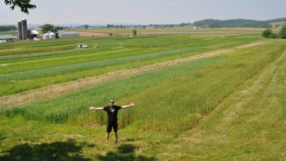 Dyrkingssystemforsøket på Rodale Institute har blitt drevet i 44 år og viser positive effekter av økologisk drift på jordhelse og lønnsomhet. Jordhelseentusiast Hellek Berge poserer foran feltet.  Foto: Hege Sundet