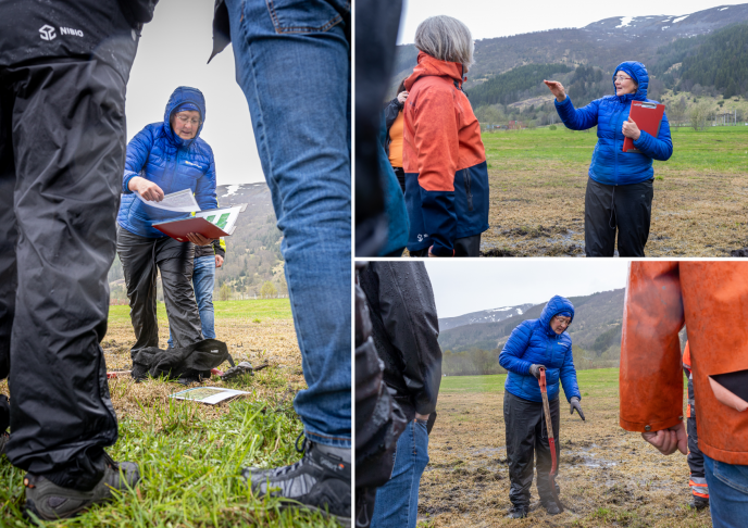 Ragnhild Renna i NLR viser bilder av dekningsgrad i eng og har spaden ved sin side, som alltid. Foto: Ingvild Melkersen, NLR.